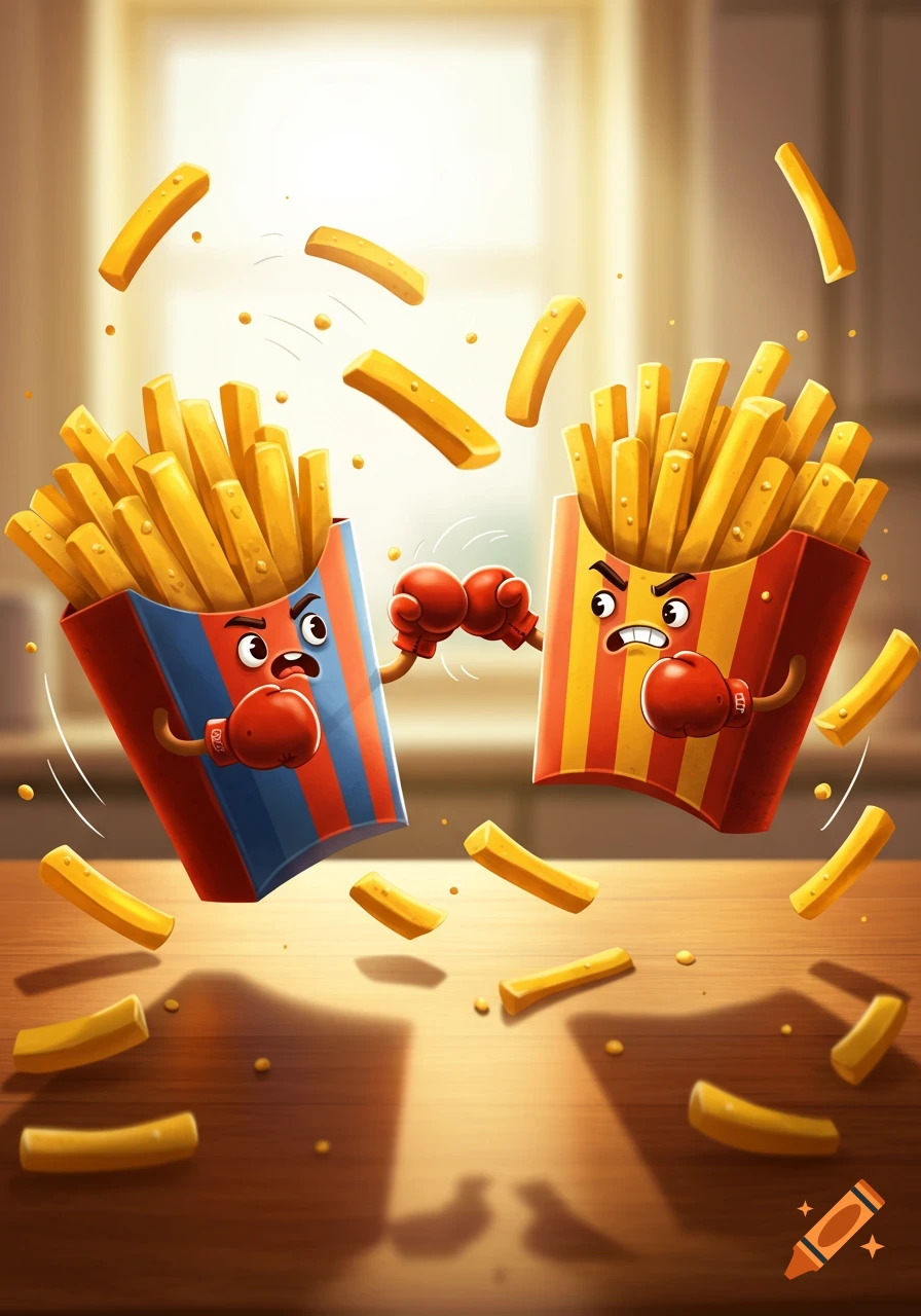 Two cartoon french fry boxes with faces and boxing gloves engage in a fist fight on a wooden table with fries scattered.
