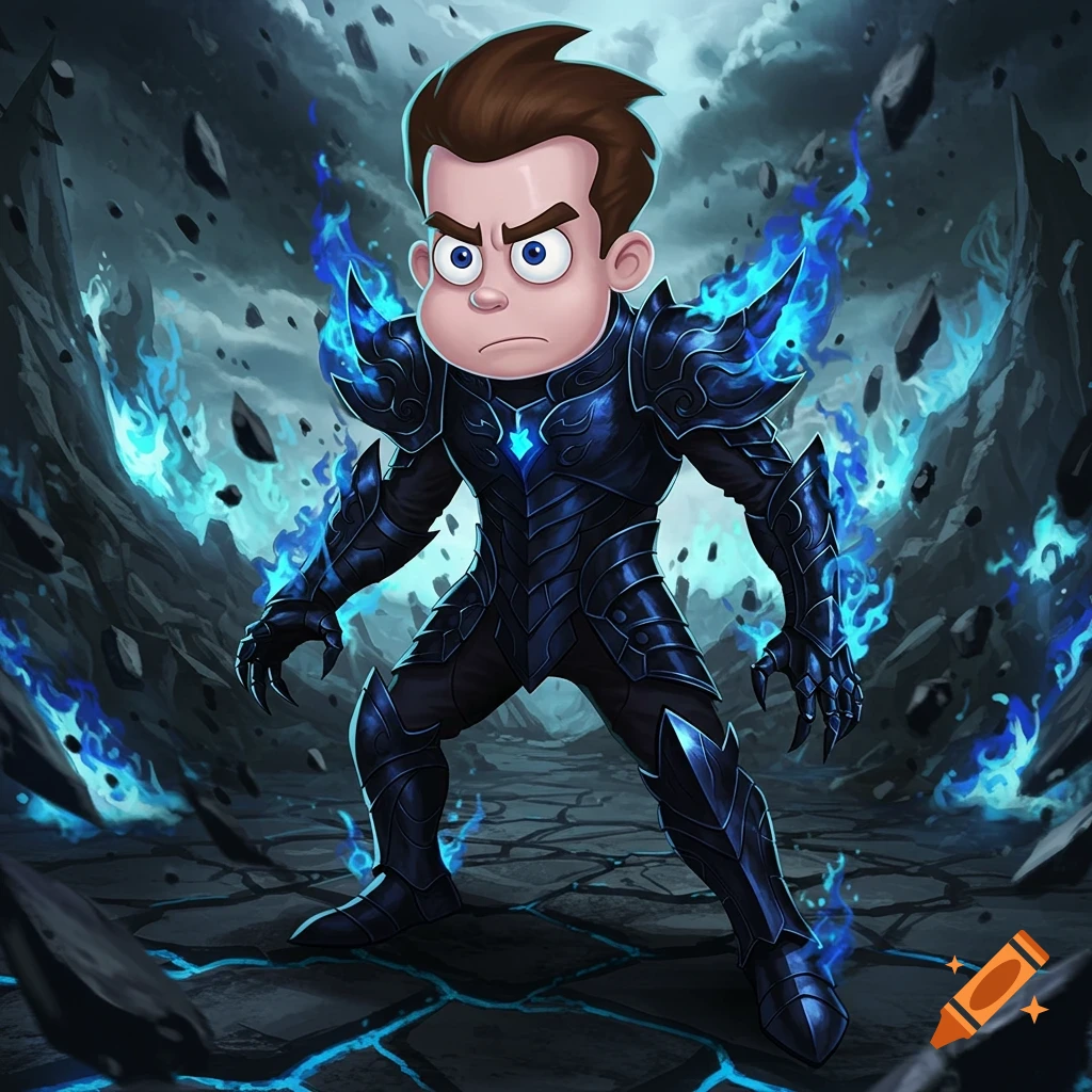 Cartoon character Carl Wheezer in dark blue glowing armor with blue flames, standing on cracked ground with floating rocks and a stormy sky.