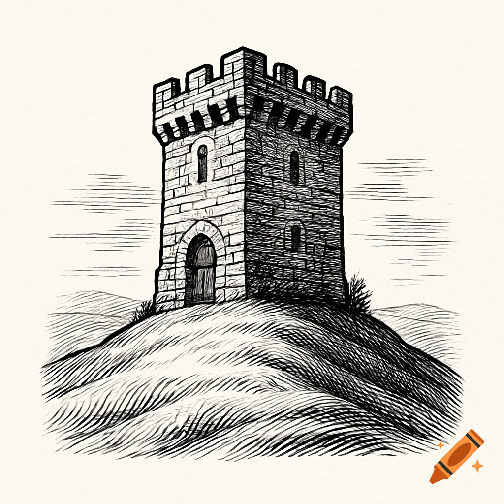 Black and white line art illustration of a stone keep on a hill, in the style of old D&D.