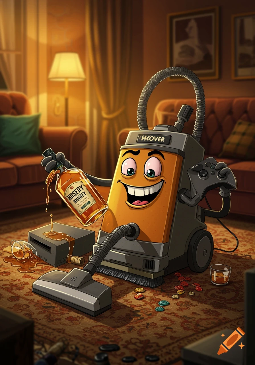 A cartoon vacuum cleaner character with a wide grin holds a bottle of whiskey, spilling it onto an Xbox console, while also holding a game controller in a cozy living room.