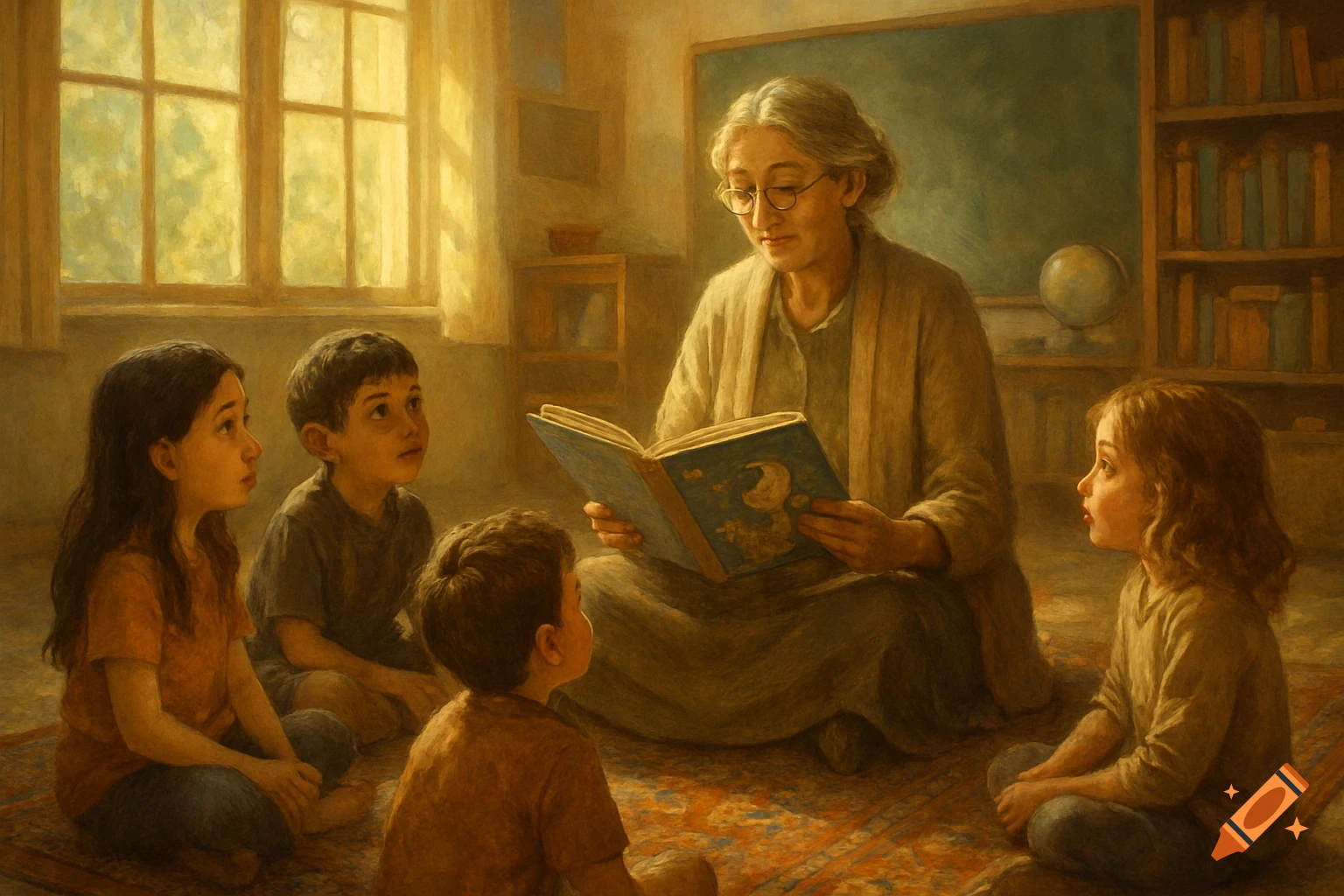 A teacher reads a book to four children on a rug in a classroom, bathed in warm light from a window, in a painterly style.