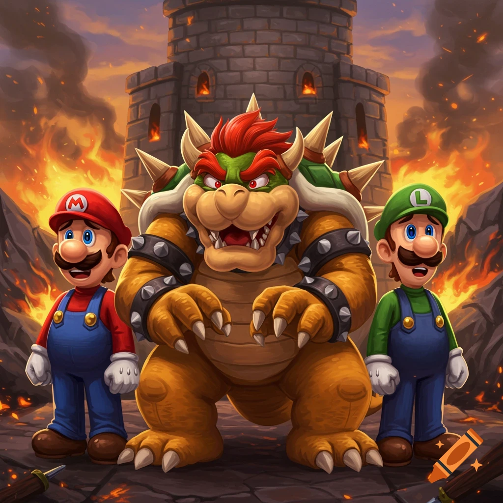 Mario and Luigi, looking relieved, stand on either side of a worried Bowser in front of a burning castle.