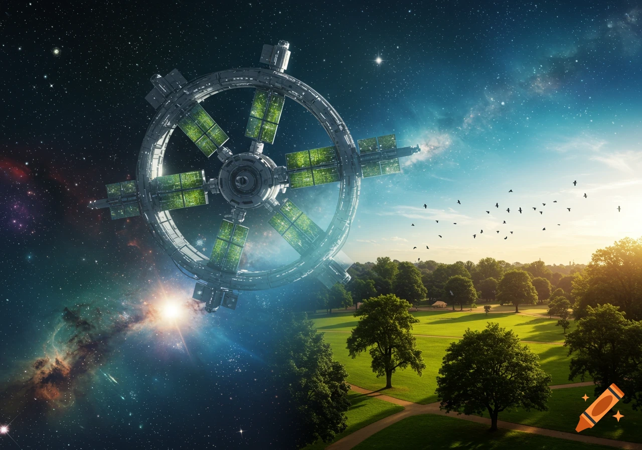 A massive O'Neill cylinder space station with green panels orbiting above a lush green park with trees and walking paths on a planet's surface.