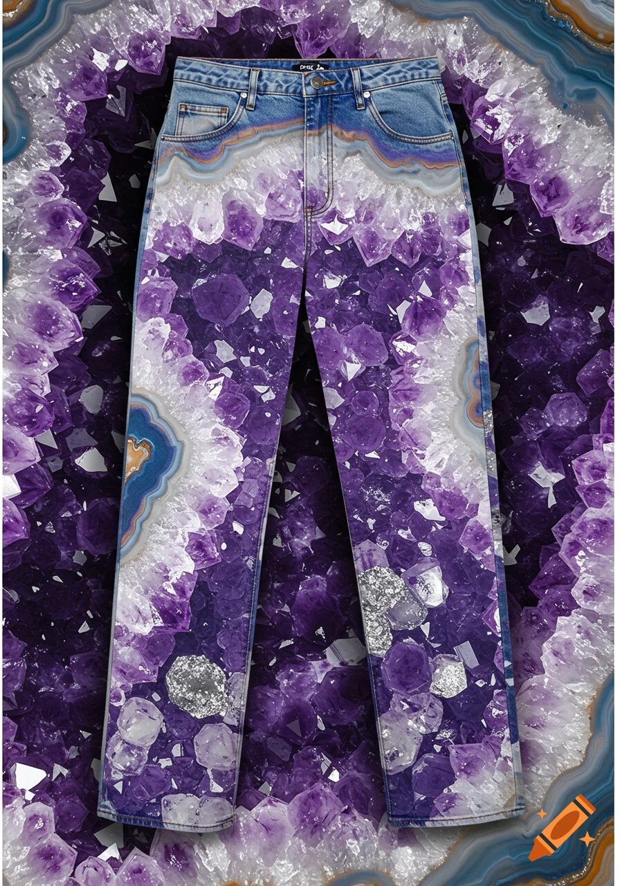Oversized jeans with a vibrant purple and white amethyst geode print, displayed against an amethyst geode background.