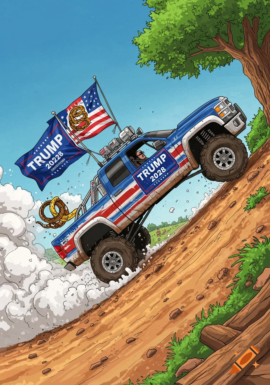 A cartoon monster truck adorned with Trump 2028 and Gadsden flags drives up a dirt hill, kicking up dust.