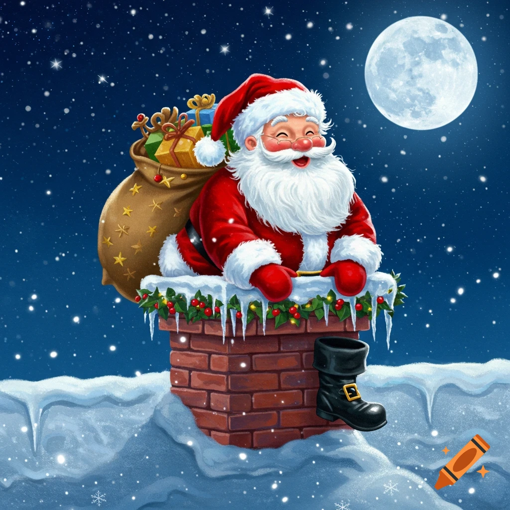 Santa Claus peeking out of a brick chimney on a snowy roof at night, with a sack of gifts and a full moon.