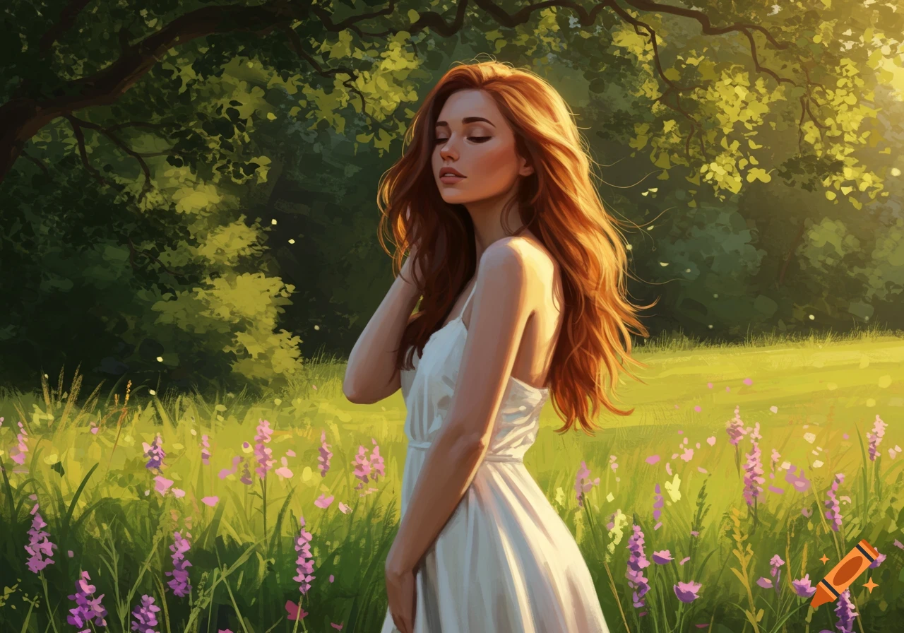 An illustration of a woman with long red hair wearing a white dress standing in a sunlit meadow filled with purple flowers and green trees.
