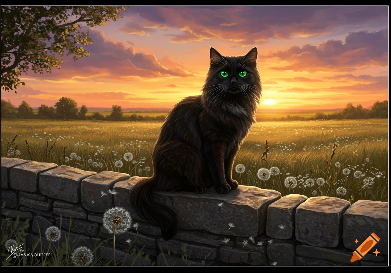 A fluffy black cat with bright green eyes sits on a stone wall in a field filled with dandelions at sunset, digital art.