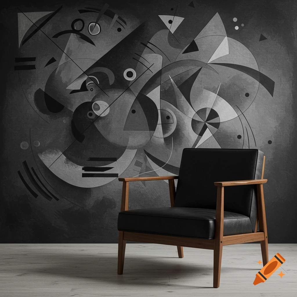 A black leather and wood armchair sits on a light wooden floor in front of a grayscale abstract painting inspired by Kandinsky.