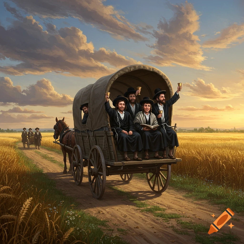 Hassidic men in traditional attire in a horse-drawn covered wagon, traveling through a golden wheat field at sunset.
