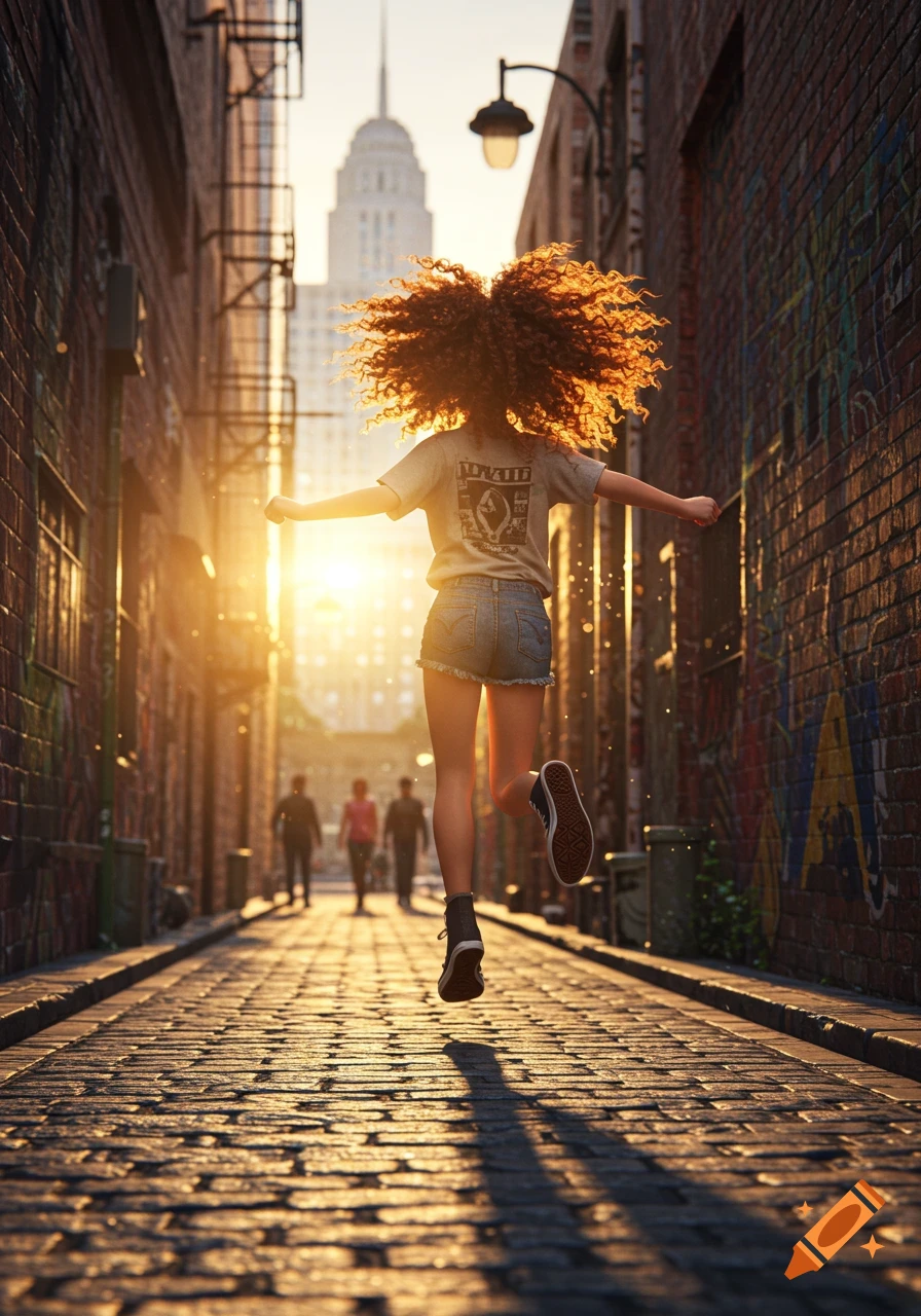 A person with curly hair jumps in a sunlit alleyway between brick buildings, viewed from behind.