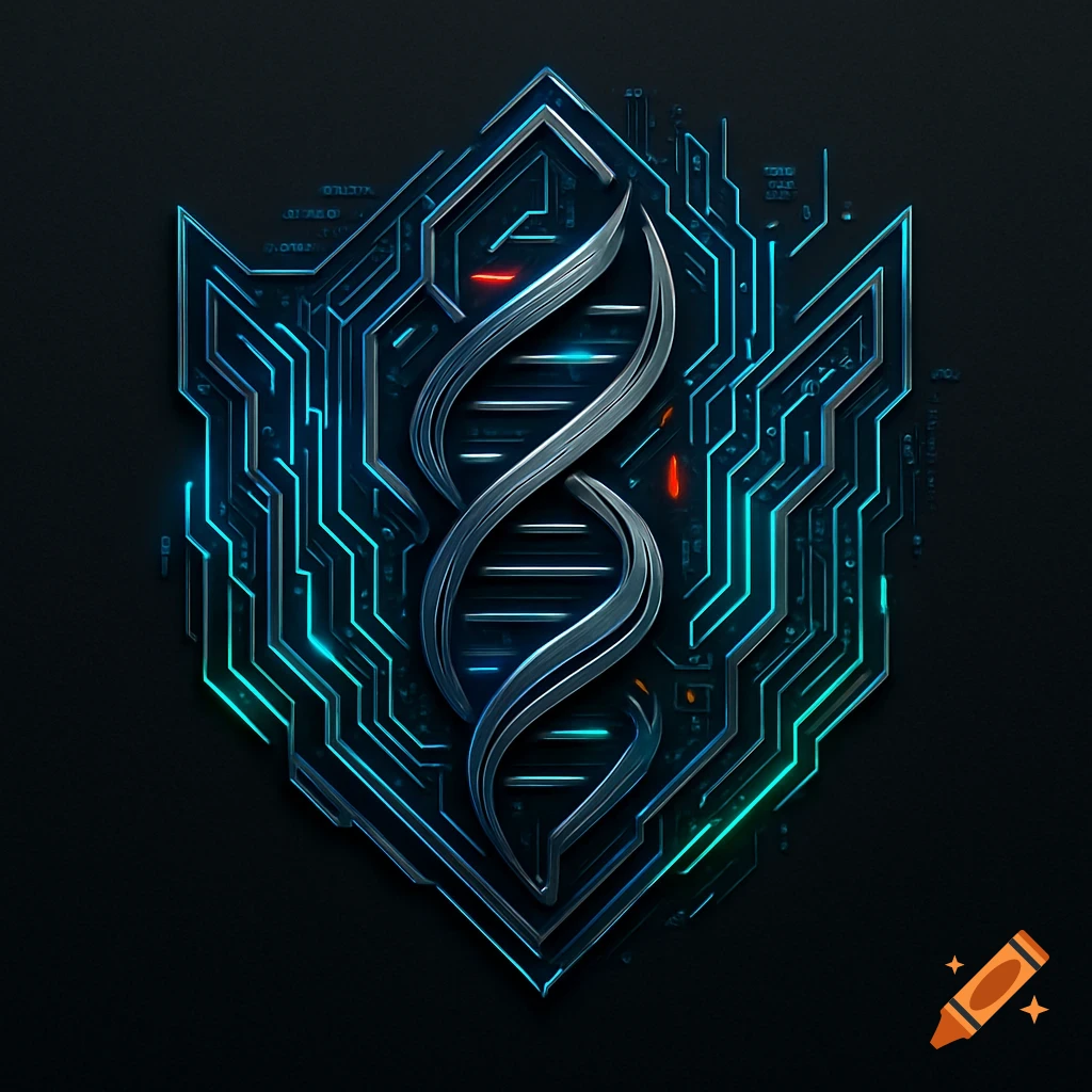 A cyberpunk-style logo features a silver double helix DNA strand against a glowing blue circuit board pattern, on a dark background.