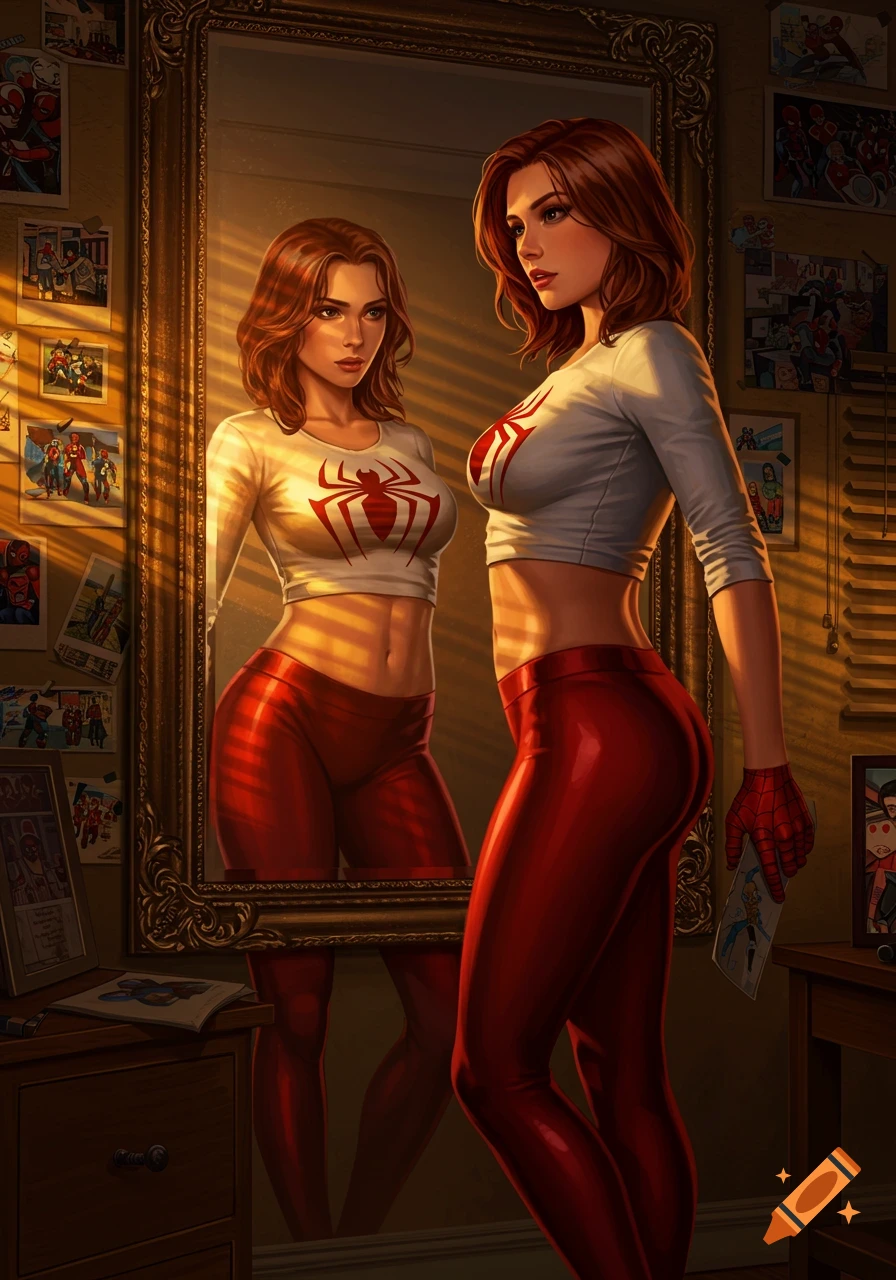A red-haired woman in a Spider-Man crop top and red leggings looks at her reflection in an ornate mirror in a sunlit room.