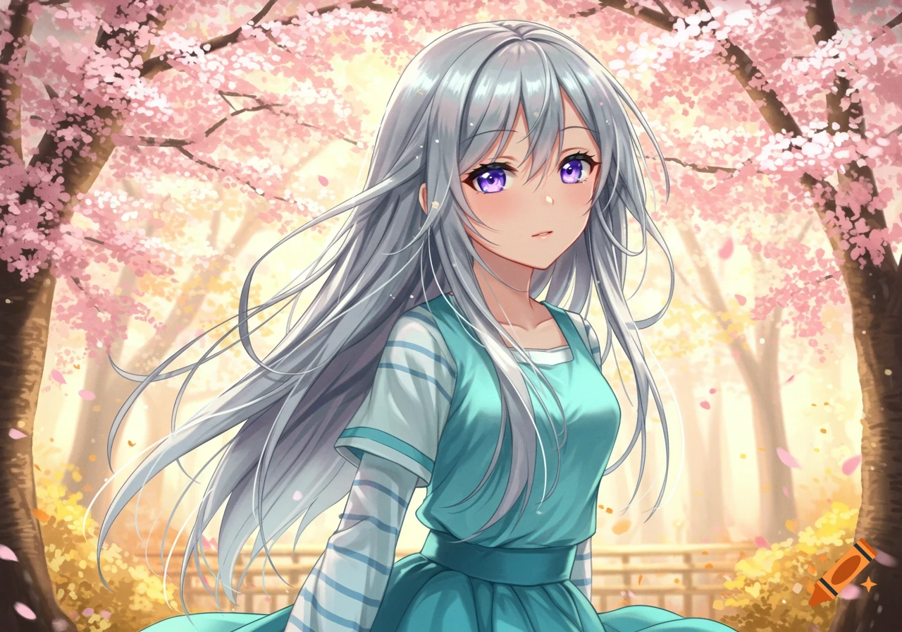 An anime girl with long silver hair and purple eyes wears a teal dress over a striped shirt, standing under pink cherry blossom trees.