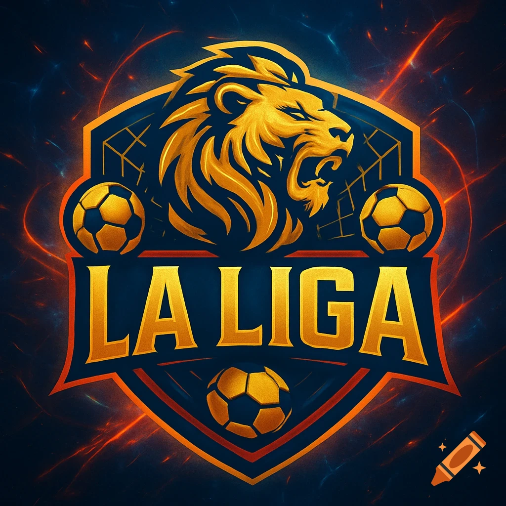 A vibrant gold and blue fantasy soccer logo featuring a roaring lion's head, three soccer balls, and the text "LA LIGA" on a shield shape with a glowing background.