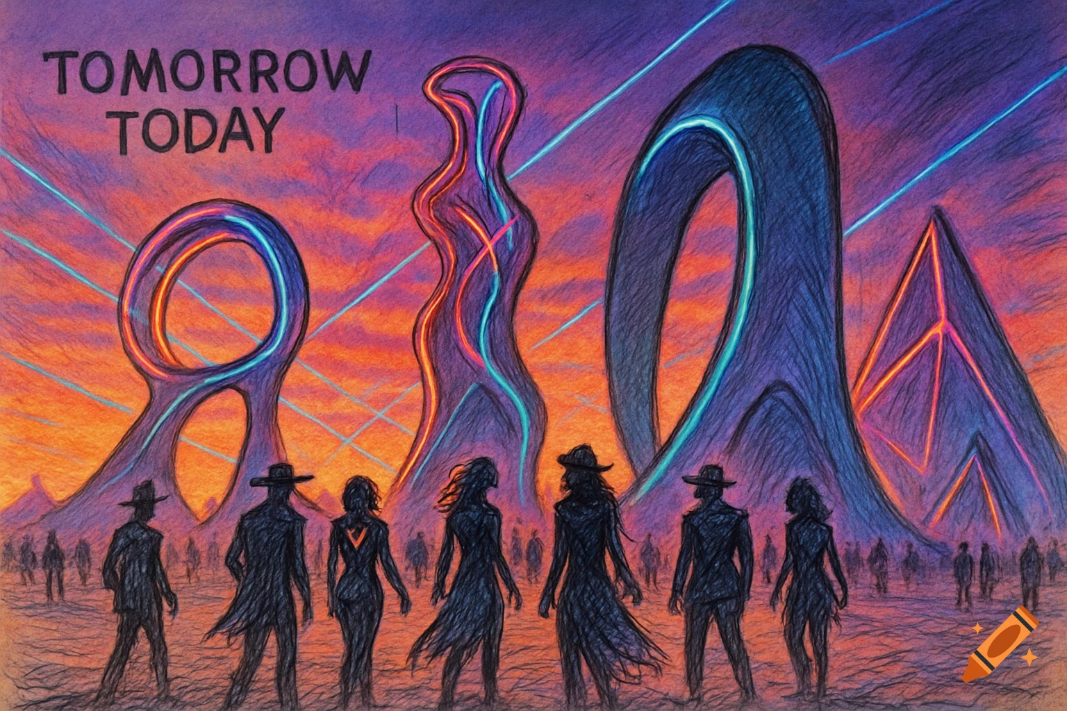 A colorful pencil drawing of silhouetted figures facing abstract, glowing structures in a desert landscape under a vibrant purple and orange sky, with text "TOMORROW TODAY".