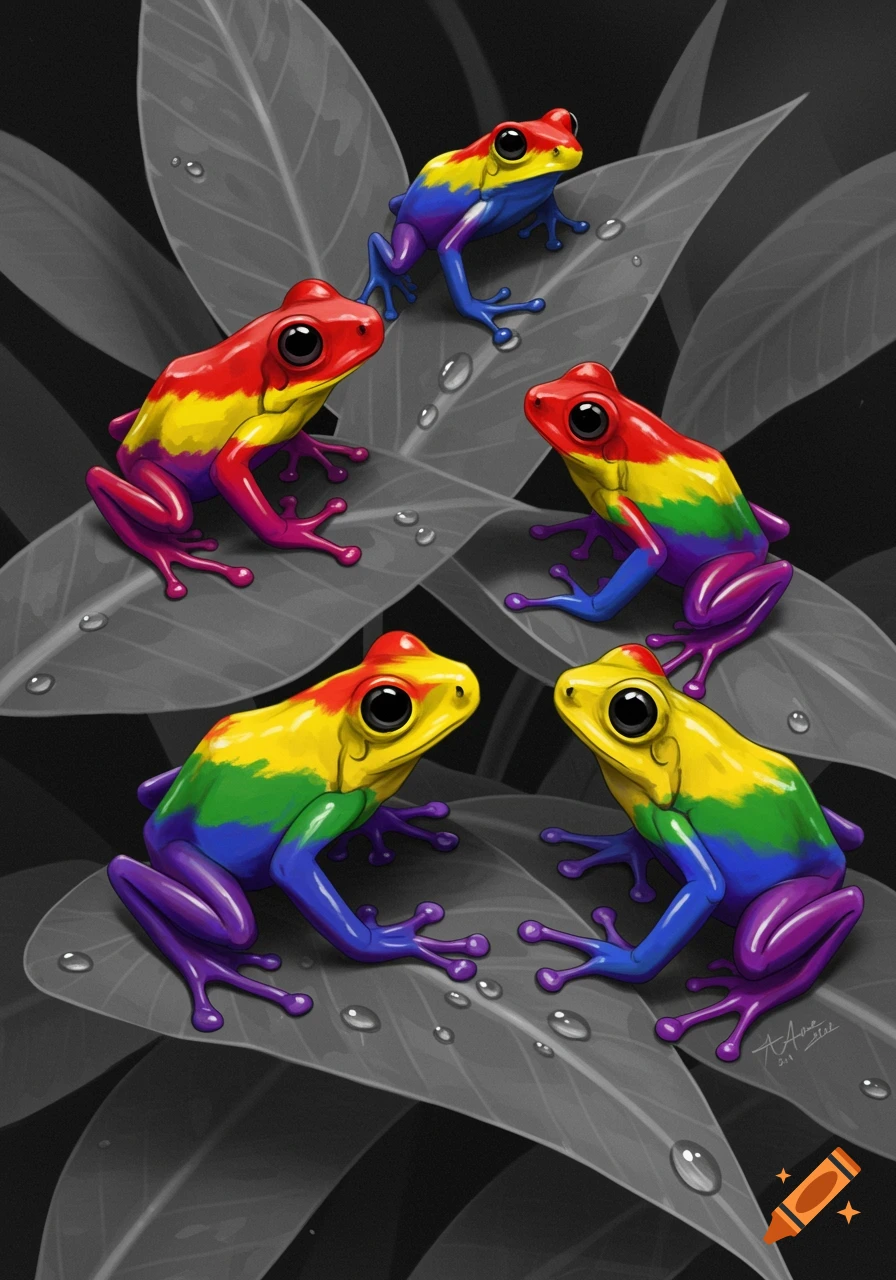 Five colorful frogs, in the colors of the pride flag, sit on grey leaves with water droplets.