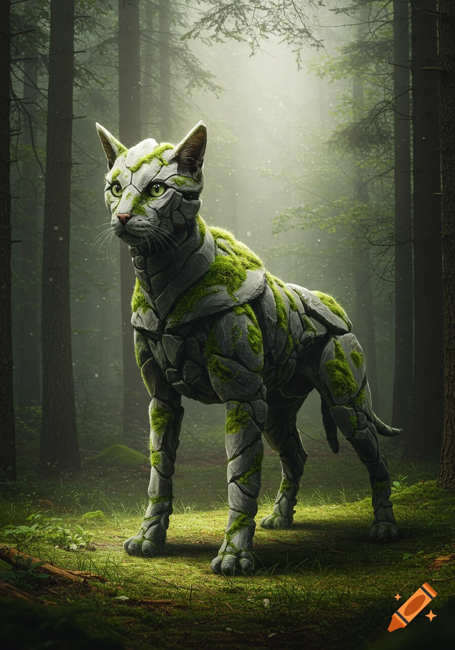 A mystical creature with a cat's head and a dog's body, made of moss-covered slate, stands in a misty forest.