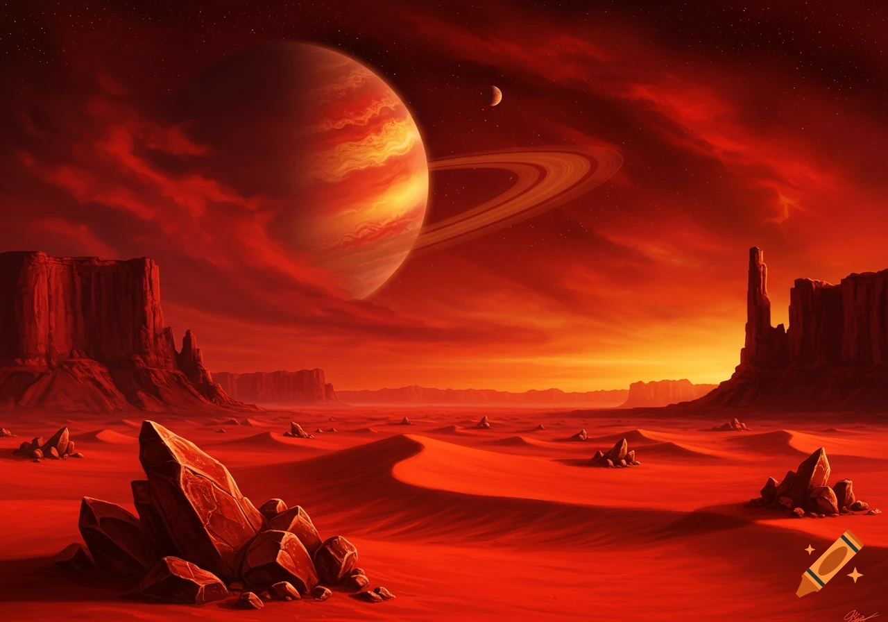 A vibrant red alien desert landscape with towering cliffs, under a red sky with a large ringed planet and a crescent moon.