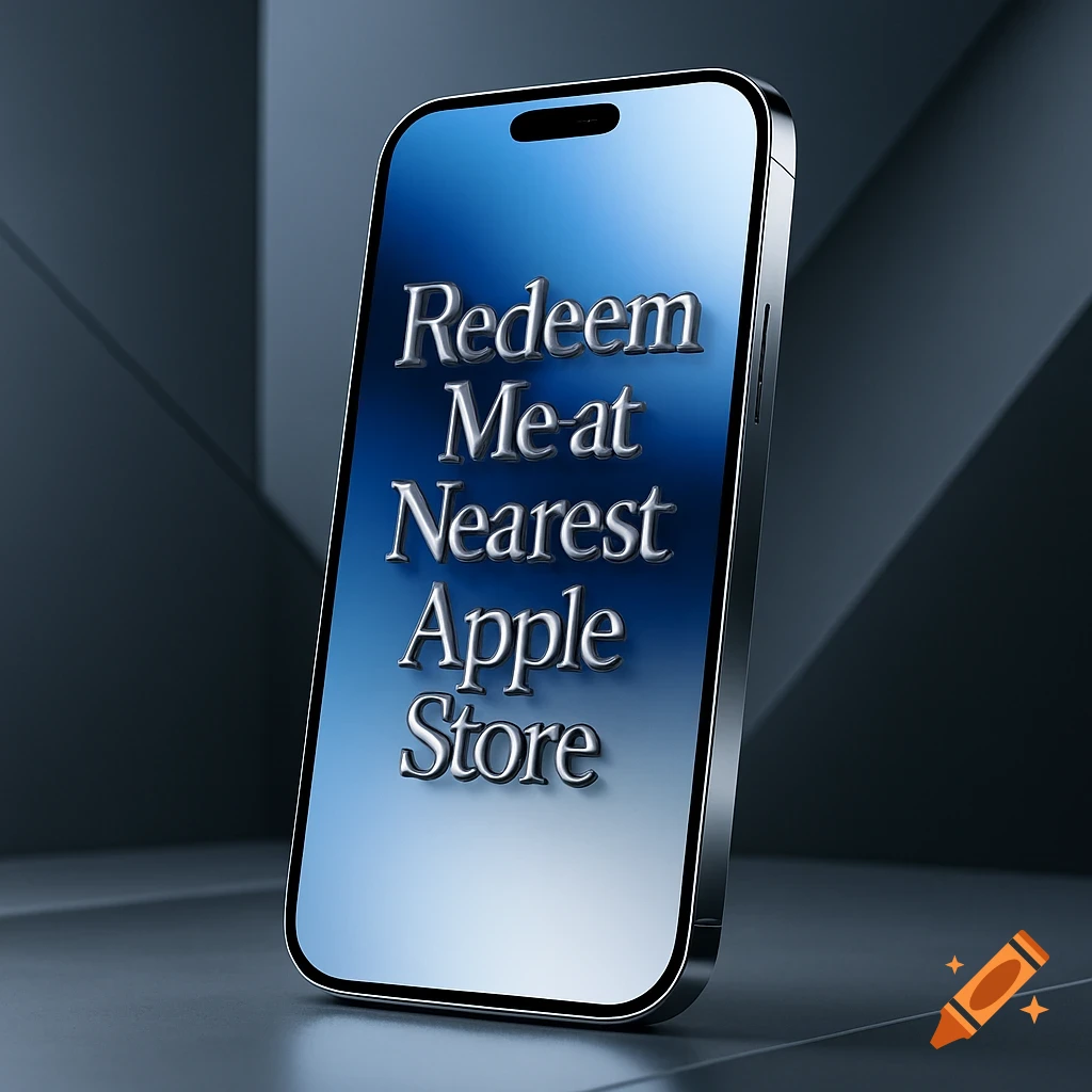 A silver iPhone with a blue gradient screen displaying 'Redeem Me at Nearest Apple Store' in 3D lettering.
