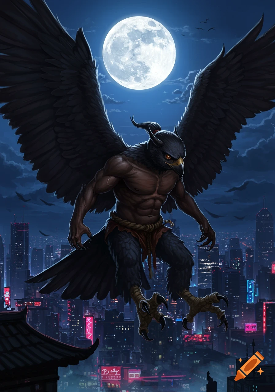 A powerful Tengu, with the body of a muscular man and the head, wings, and talons of a black hawk, soars over a neon-lit cityscape under a bright full moon.