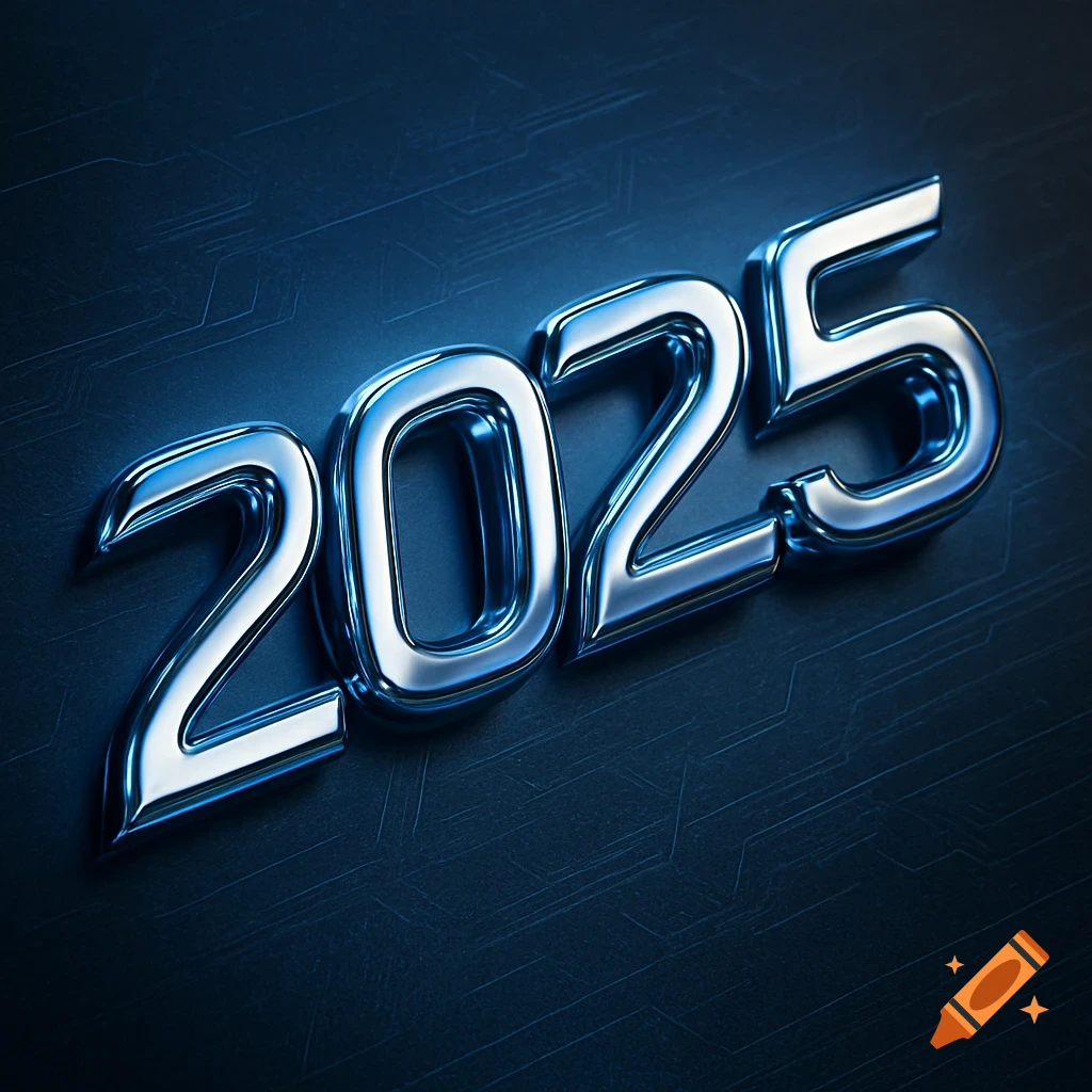 Shiny chrome 2025 numbers on a dark blue textured background.