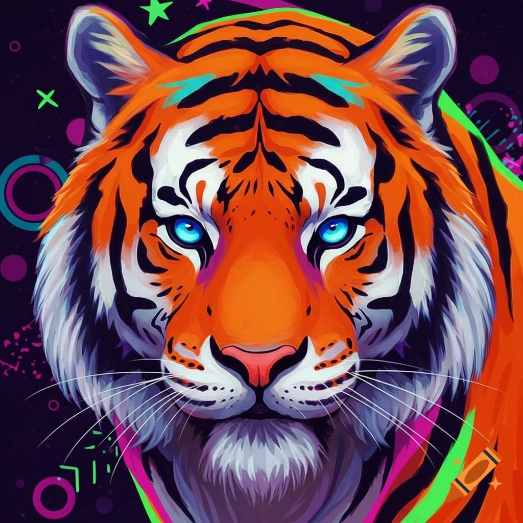 Close-up of a vibrant, neon-style tiger face with bright orange fur, piercing blue eyes, and abstract shapes in the dark background.