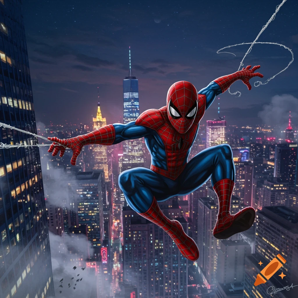 Spider-Man swings through a vibrant, illuminated cityscape at night in a comic book art style.