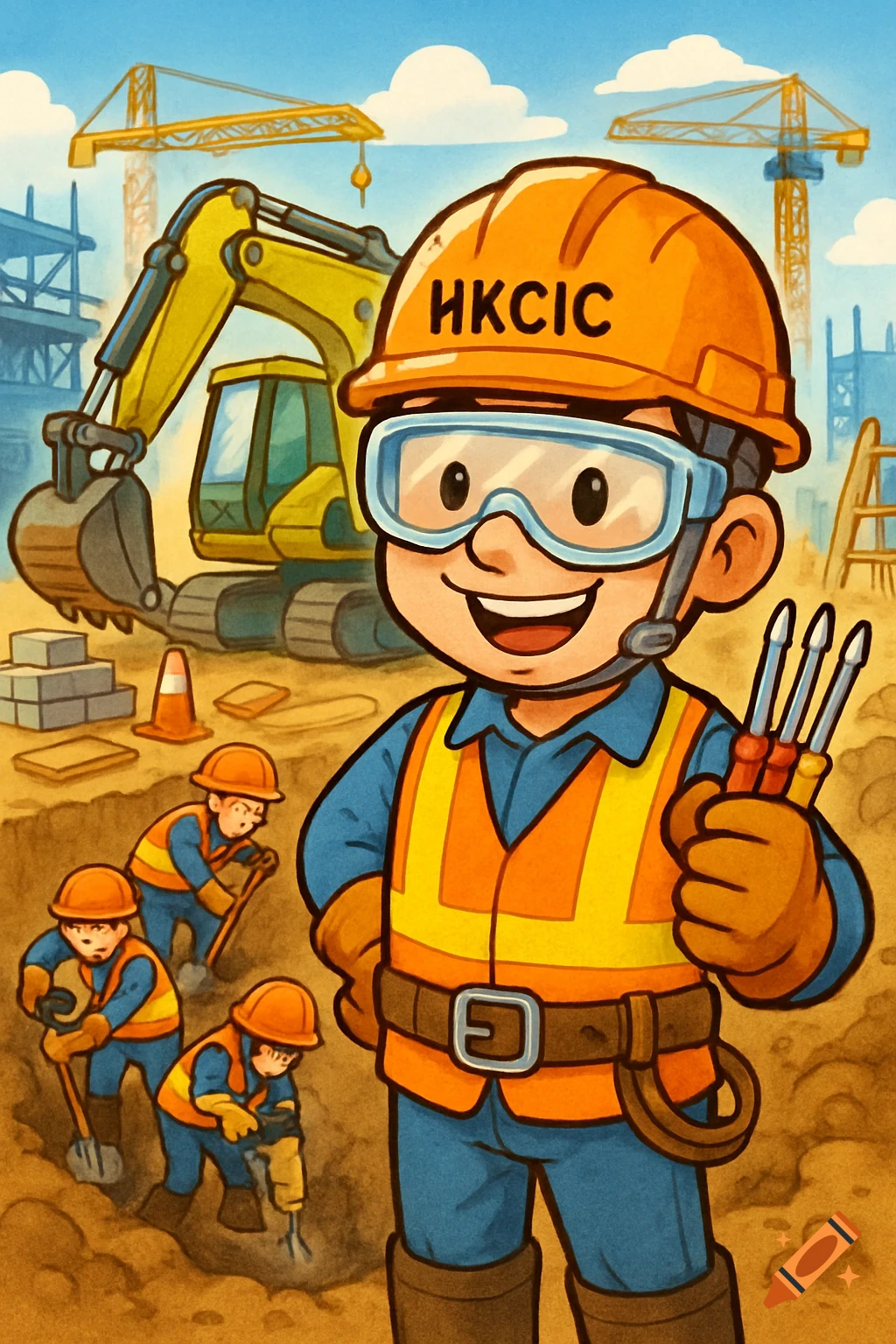 A smiling cartoon construction worker in a hard hat and safety vest holds screwdrivers on a building site with an excavator and other workers.