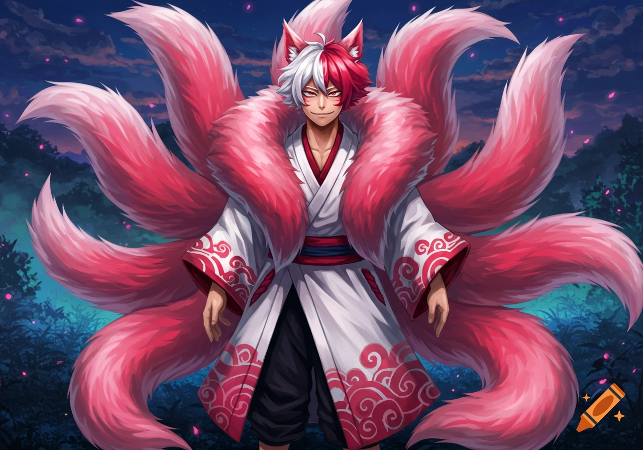Anime-style male character with white and reddish-pink hair and nine fluffy pink kitsune tails, wearing a white kimono with red patterns, standing in a nighttime forest.