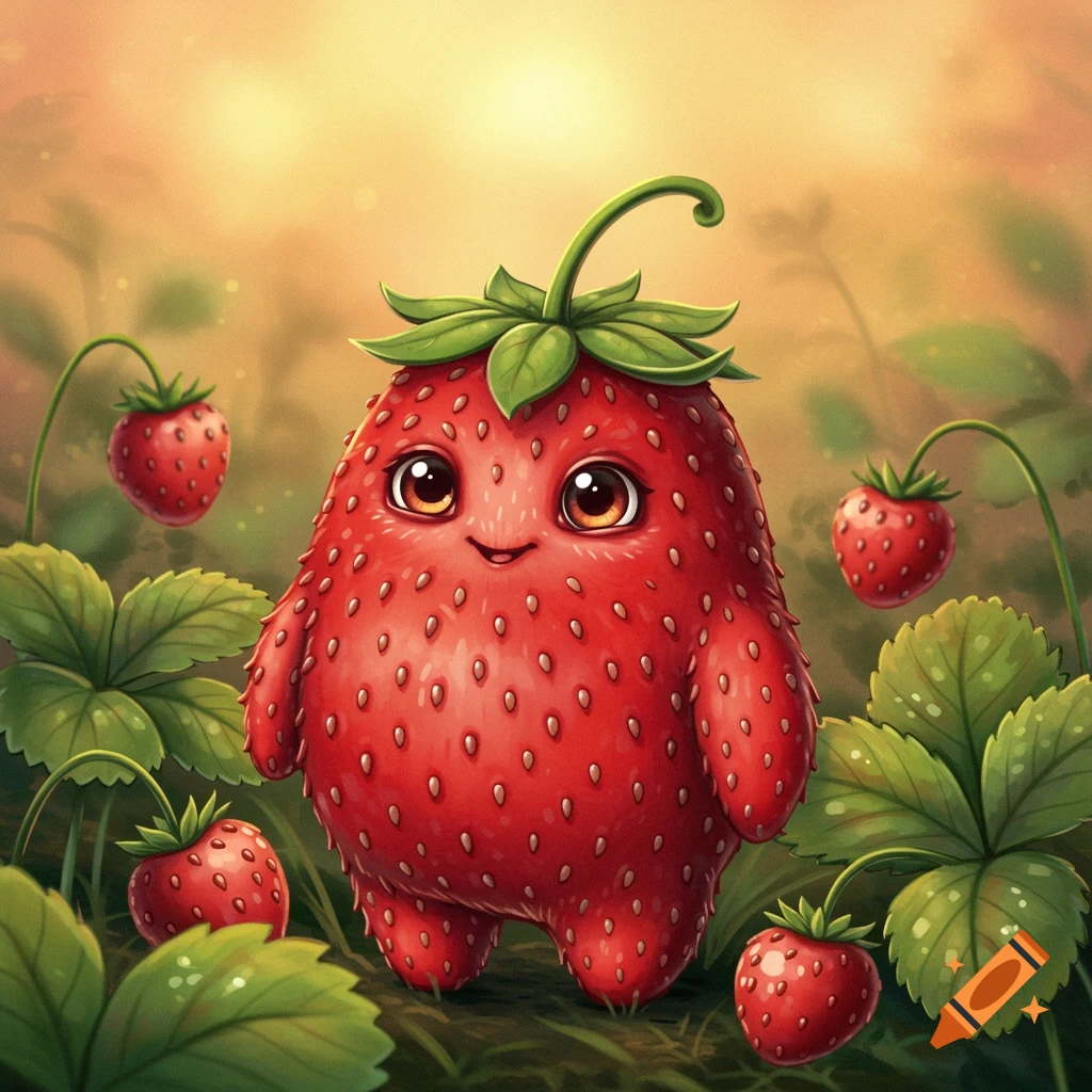 A cute, anthropomorphic strawberry creature with big eyes and a small smile stands in a field of strawberry plants at sunset.