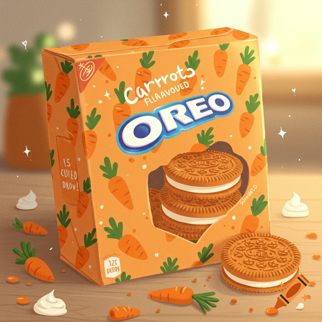 An illustrated box of carrot-flavored Oreos on a wooden surface, with loose carrots and cream dollops.
