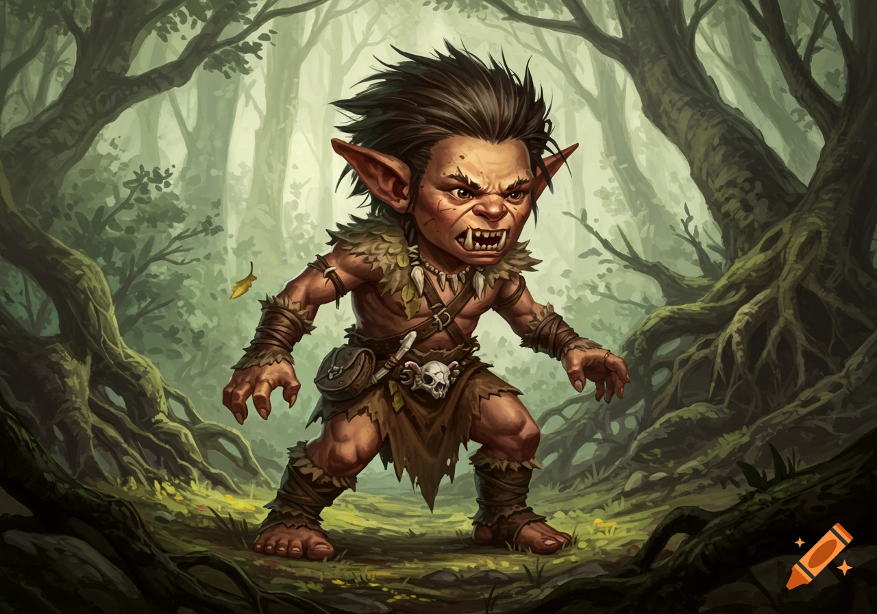 A fierce, feral goblin-like creature with sharpened teeth and wild hair, dressed in primal attire, stands in a misty, overgrown fantasy forest.
