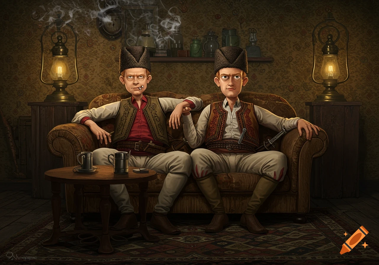 Two cartoon men in traditional Serbian attire sit on a couch in a dimly lit, old-fashioned room, one smoking.