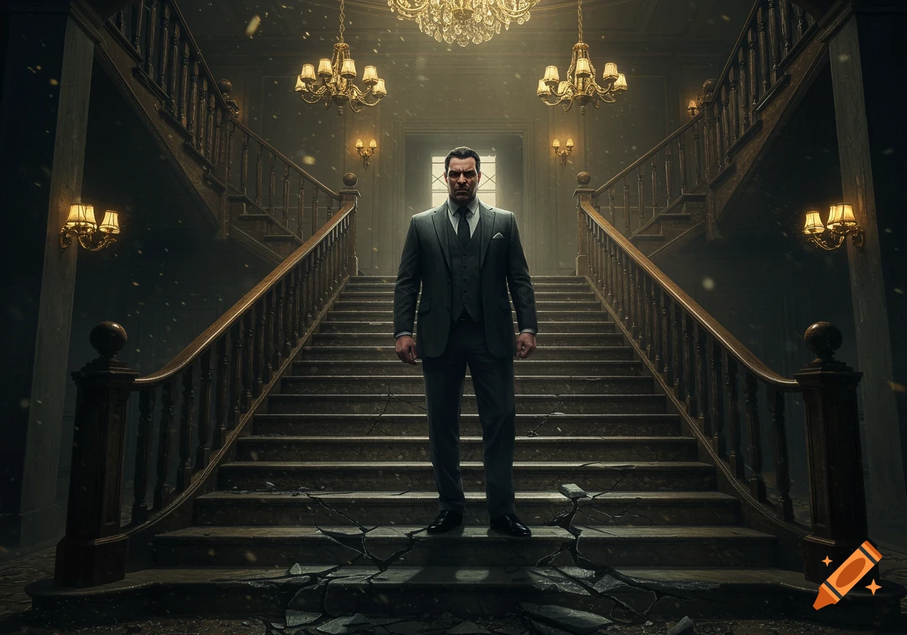 A man in a dark suit stands powerfully on a cracked, grand staircase in a lavish, dimly lit mansion.