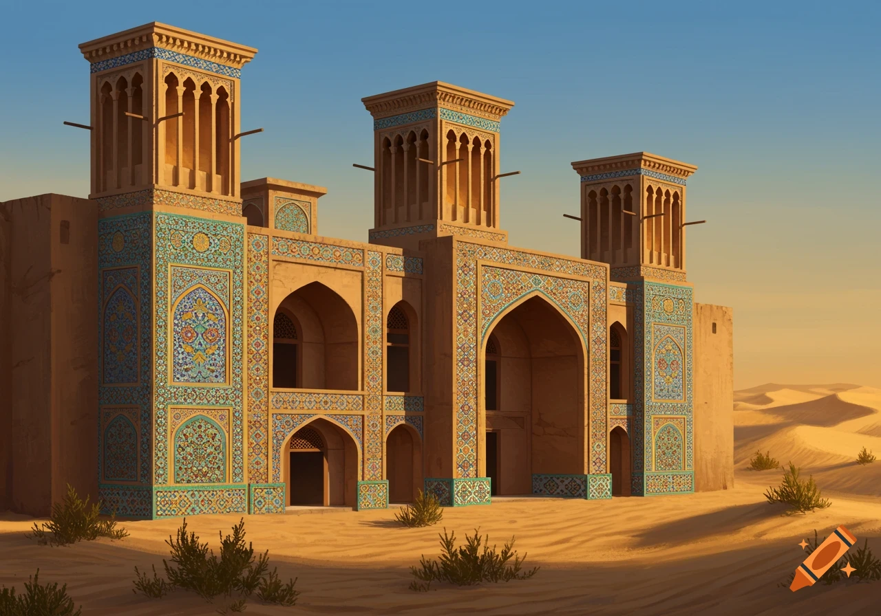 Ornate ancient Persian building with multiple wind catchers and colorful tiles, in a desert with sand dunes.