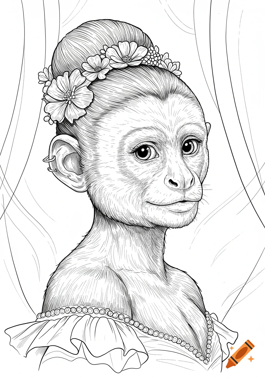 Black and white line drawing of a capuchin monkey dressed as a ballerina with flowers in its hair.
