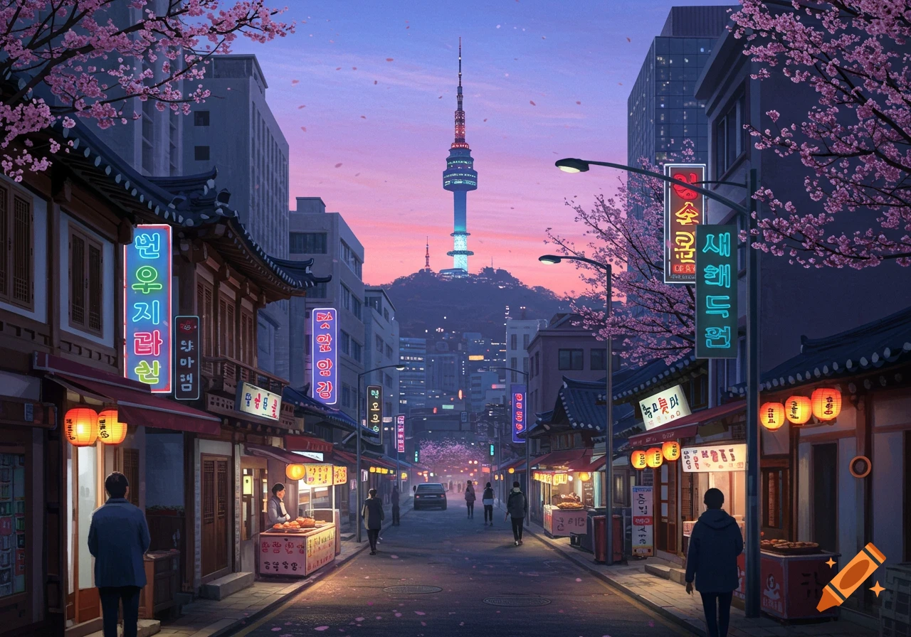 A vibrant city street in South Korea at dusk, with traditional buildings, cherry blossoms, and the Namsan Tower in the background.