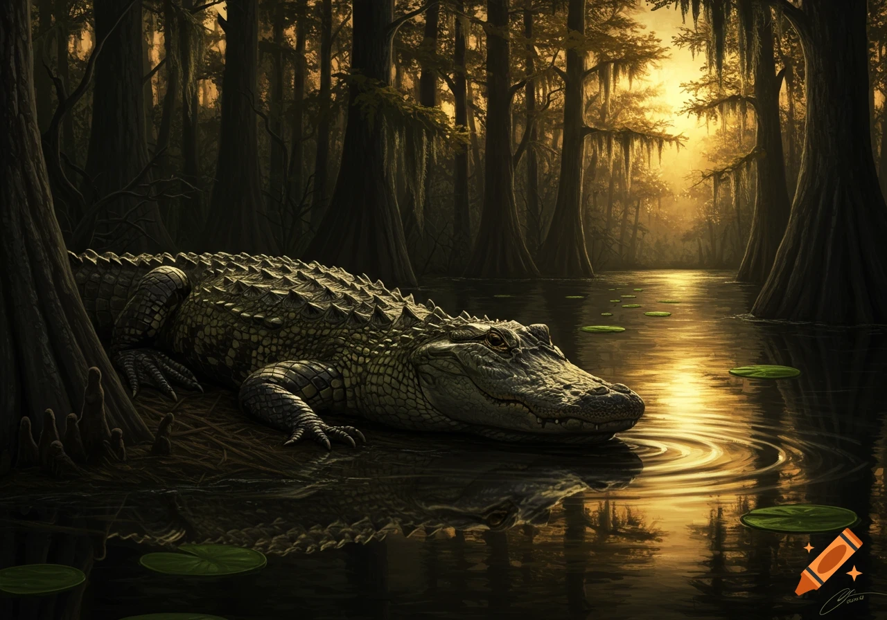 An alligator resting partly on land and in water in a sunlit swamp with cypress trees and lily pads.