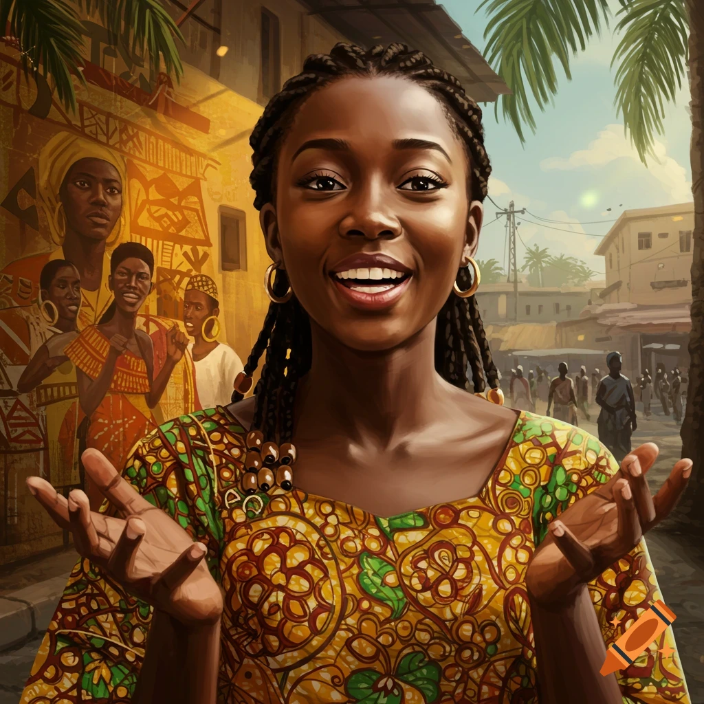 A smiling Black woman with braided hair and hoop earrings, wearing a vibrant yellow and green patterned dress, stands in a bustling market street.