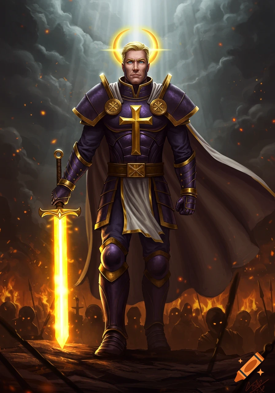 A blond knight in purple and gold armor with a cross, holding a glowing yellow sword, stands under a halo with fire and figures below.