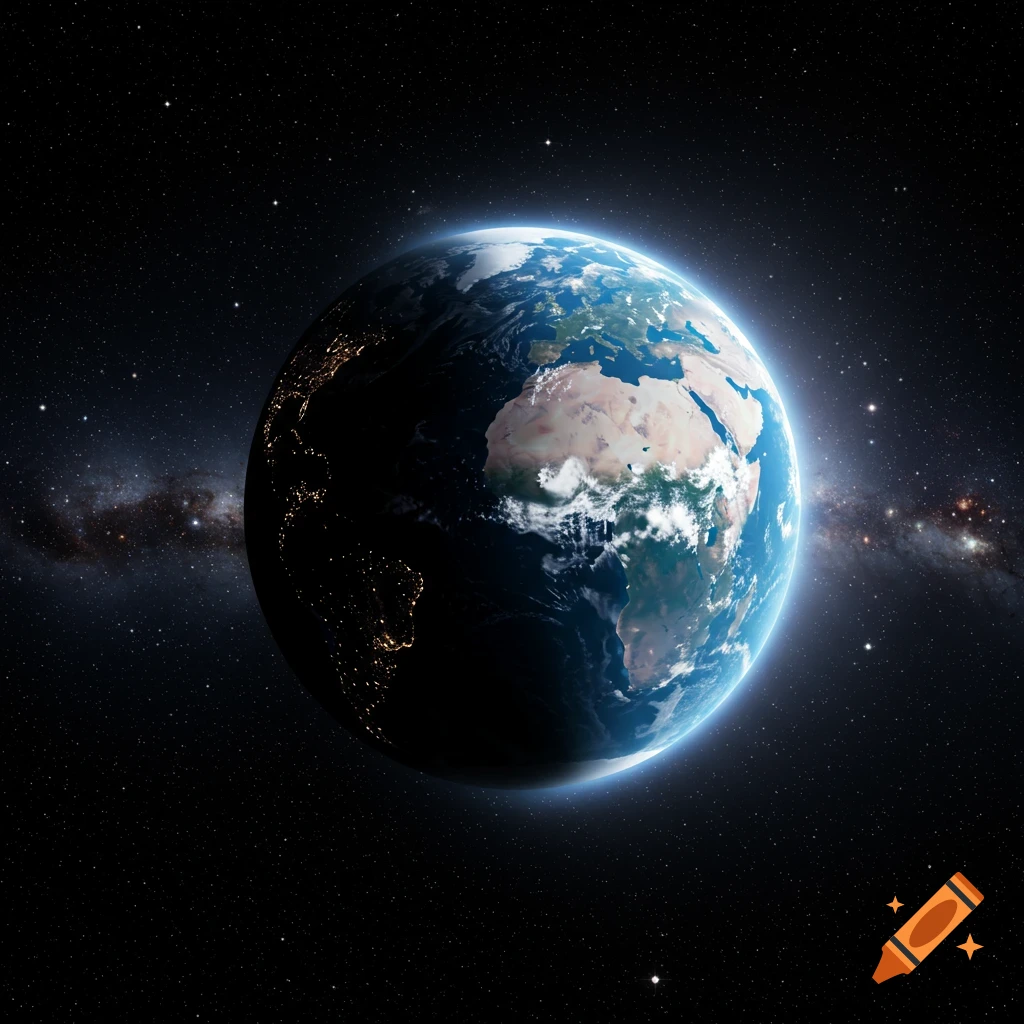 A photorealistic image of Earth from space, showing continents, clouds, city lights, and the Milky Way.