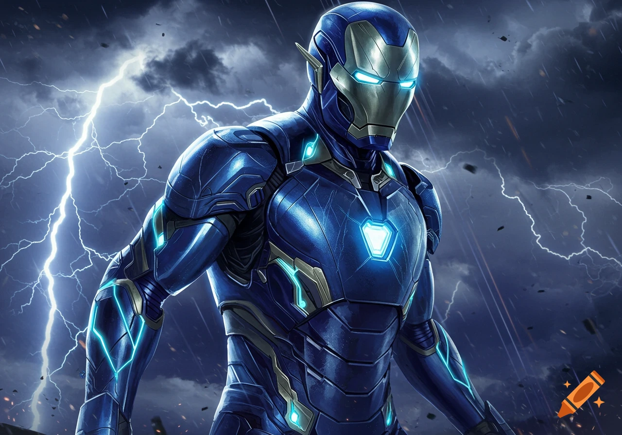 A blue and silver armored superhero suit, combining Iron Man and The Flash aesthetics, stands against a stormy sky with lightning.
