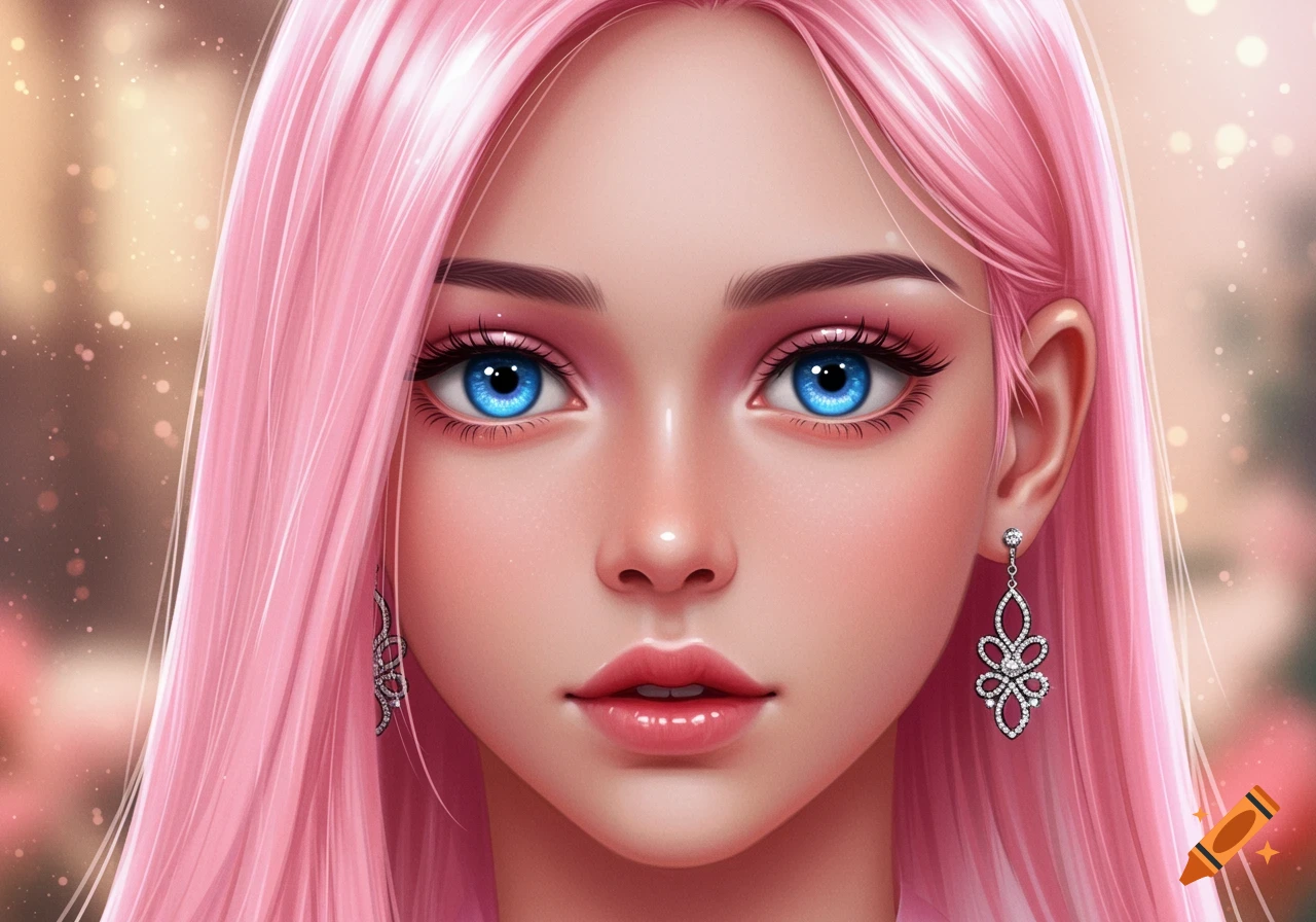Close-up digital art portrait of a woman with long pink hair, bright blue eyes, and silver earrings.