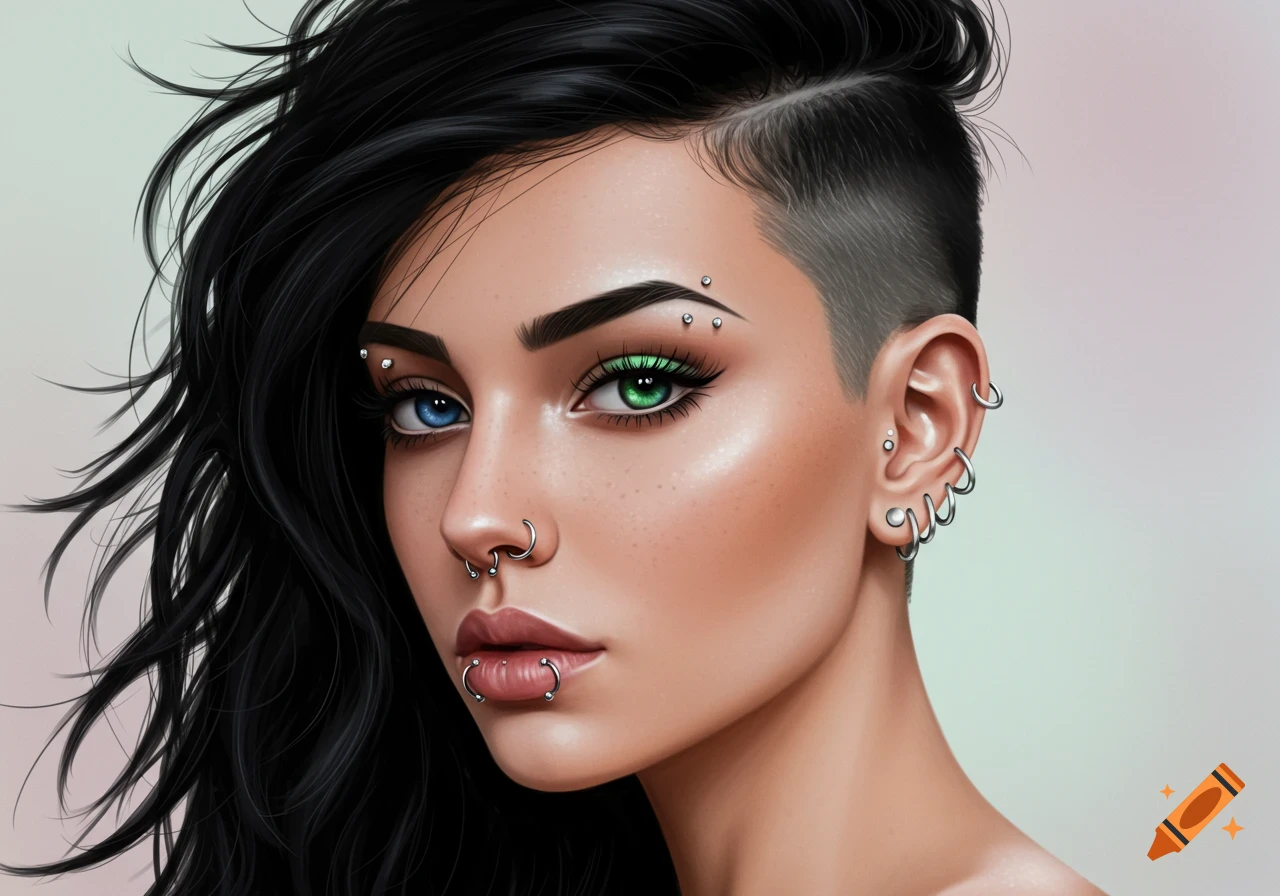 Close-up portrait illustration of a woman with long black hair on one side and a shaved head on the other, heterochromatic eyes (blue and green), and numerous facial and ear piercings.