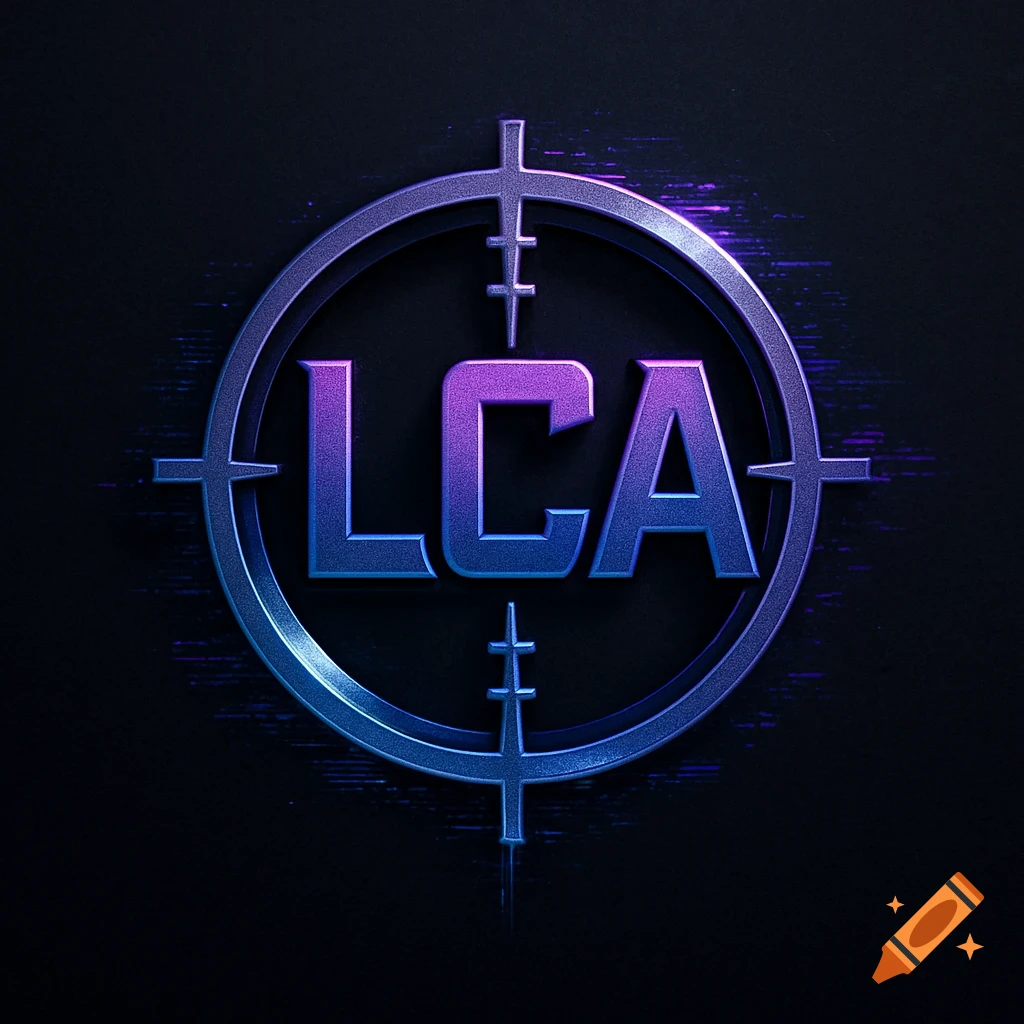 A purple and blue metallic 'LCA' logo centered within a target scope, set against a dark, slightly textured background.