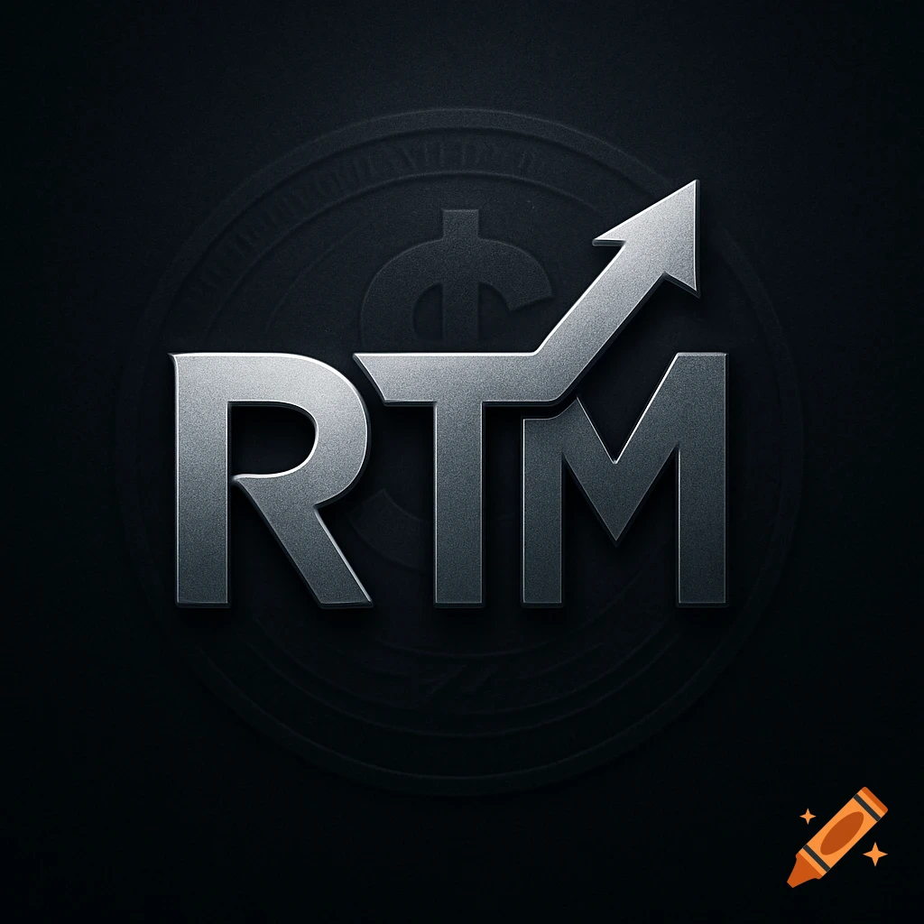 A metallic silver RTM logo with an upward arrow extending from the M, on a dark textured background with a subtle dollar sign.
