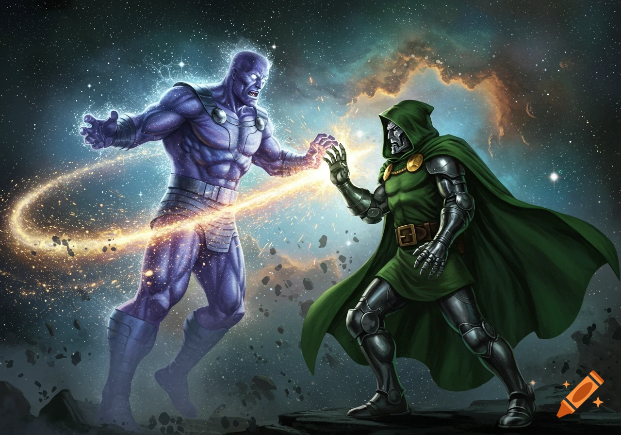 The Beyonder, a powerful purple being, confronts Dr. Doom, who wears green armor and a cape, in a cosmic battle.
