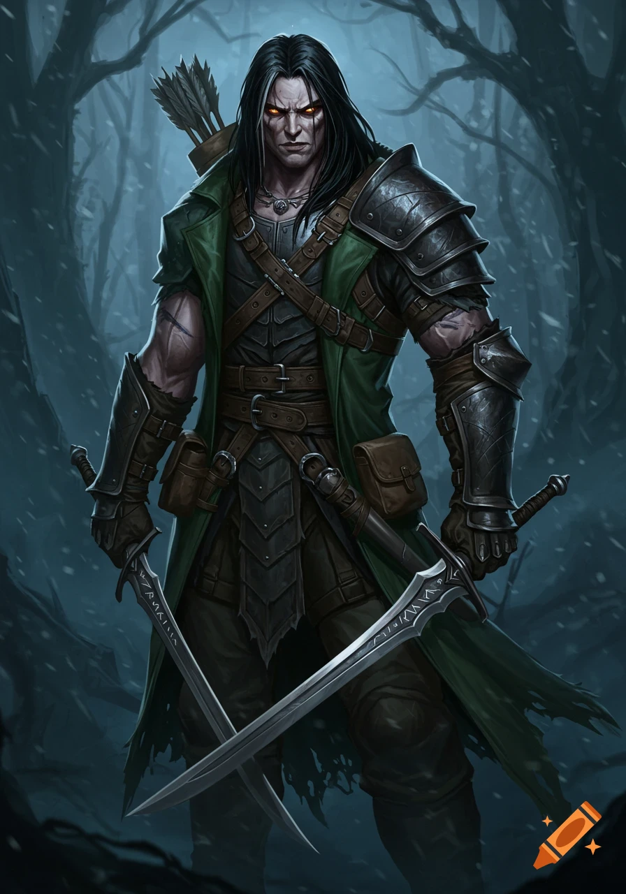 A dark fantasy ranger with long black hair, glowing orange eyes, a green duster, and dark armor, holding two engraved swords in a snowy forest.