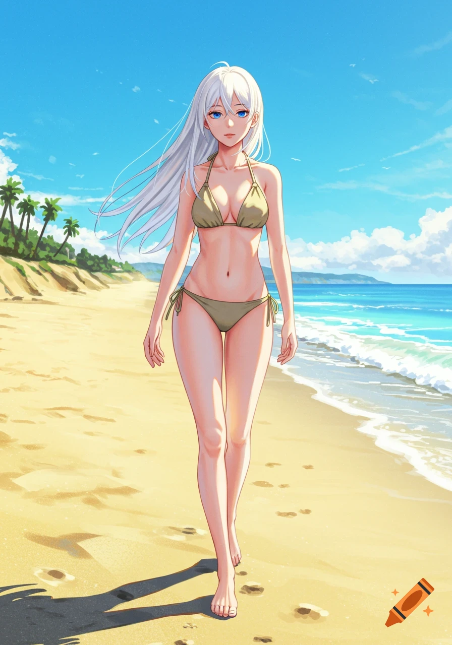 A young woman with long white hair and blue eyes walks on a sunny beach in a bikini, in an anime style.